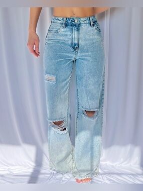RSQ High-Rise Distressed Ripped Wide-Leg Jeans Light Wash Denim Boyfriend Sz. 27